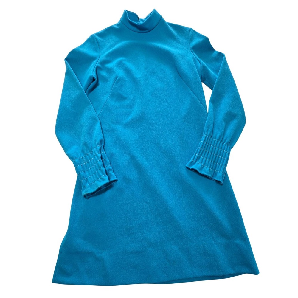 Miss Couture Vintage Mock Neck Shift Dress Blue Long Sleeve 60s Mod